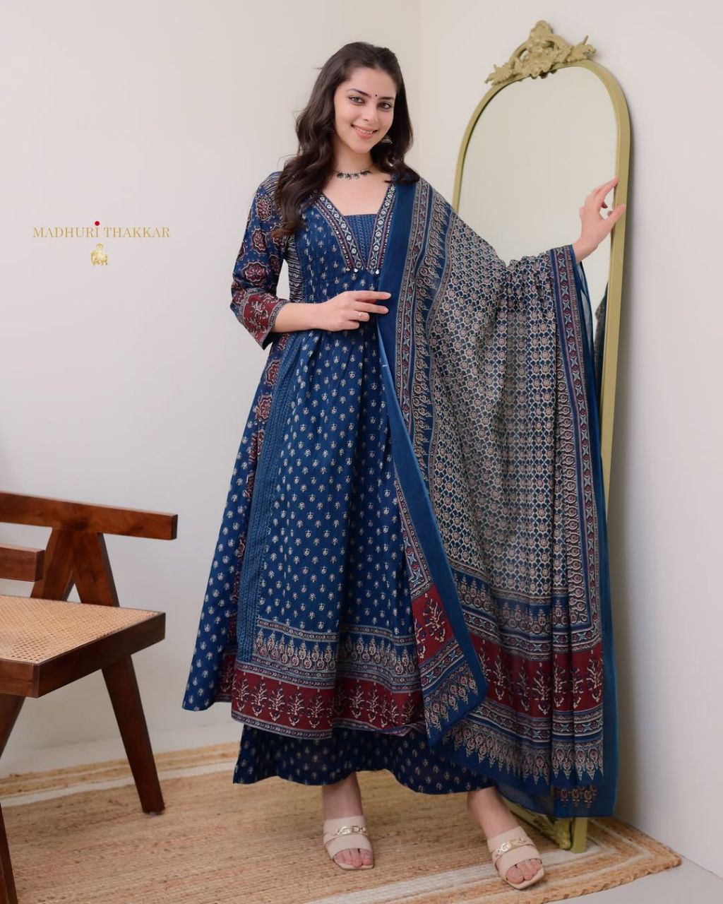 Elegant Blue: MAL Cotton Kurta Plazo with Handwork Neck & Dupatta Set