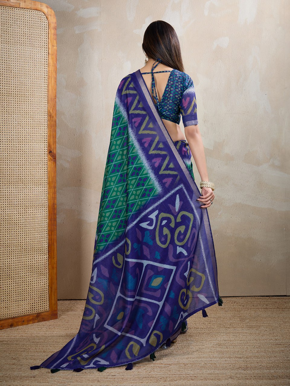 Festive Wear Blue & Green Ikat Printed Chanderi Saree for Weddings