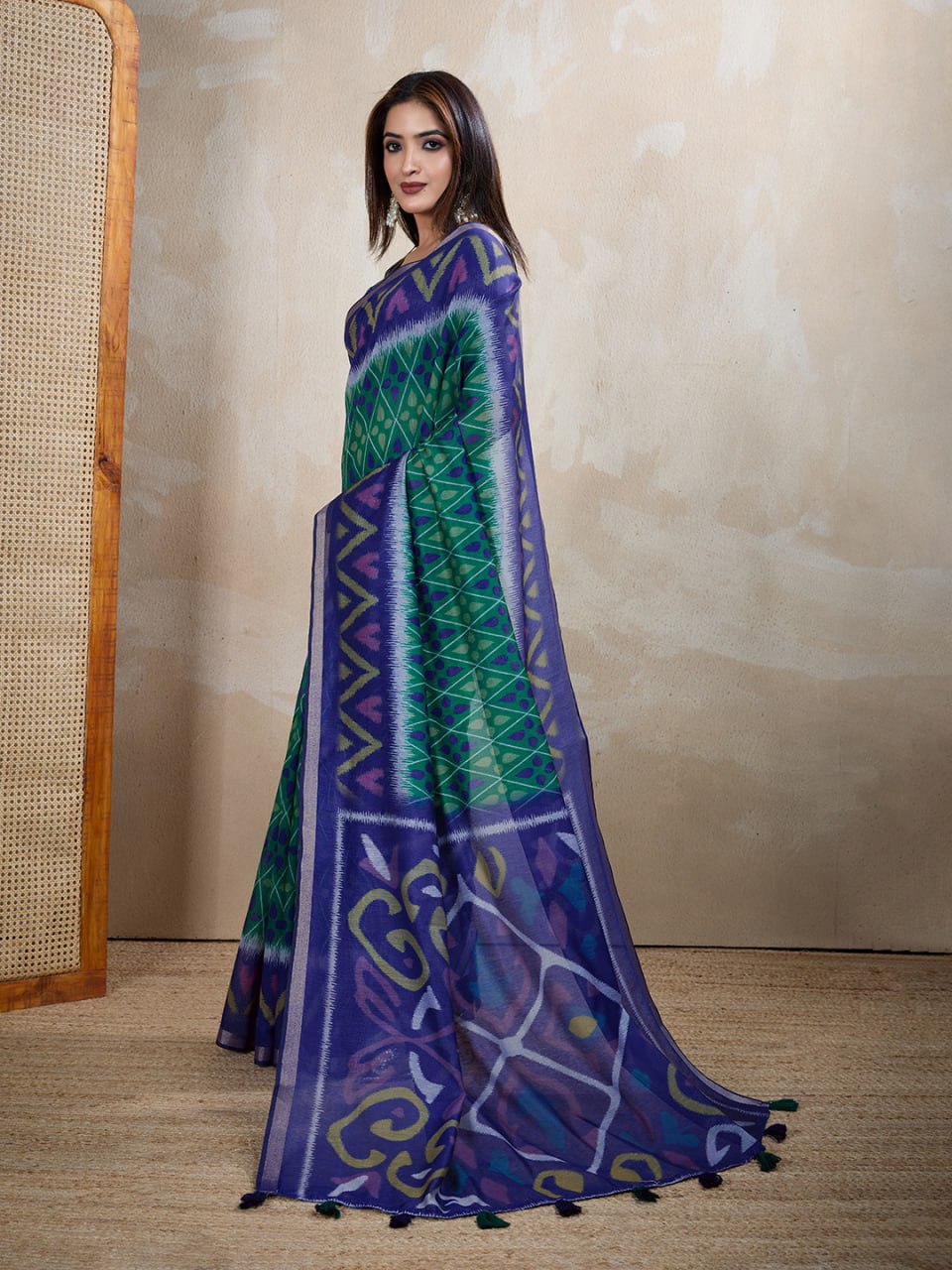 Festive Wear Blue & Green Ikat Printed Chanderi Saree for Weddings