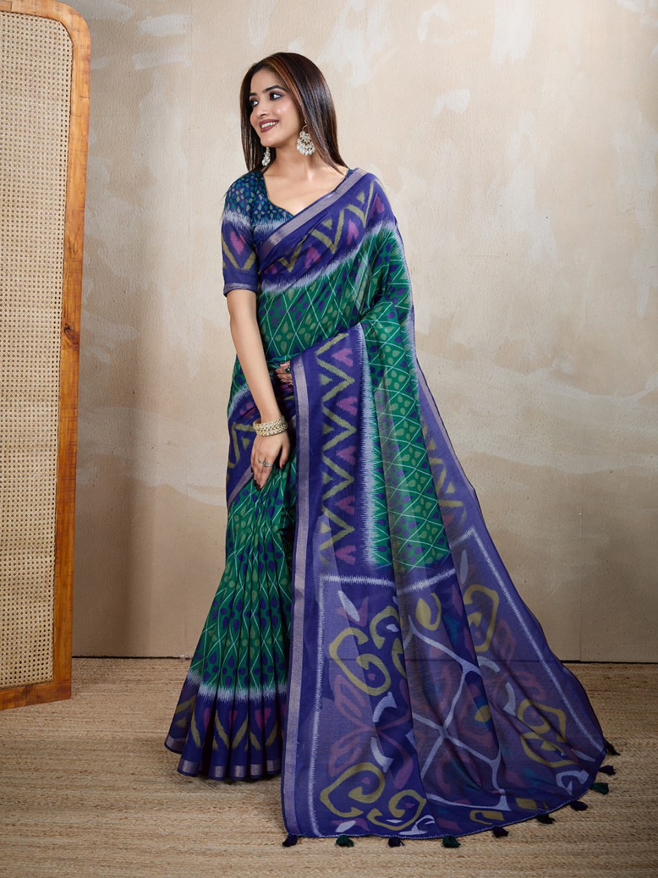 Festive Wear Blue & Green Ikat Printed Chanderi Saree for Weddings