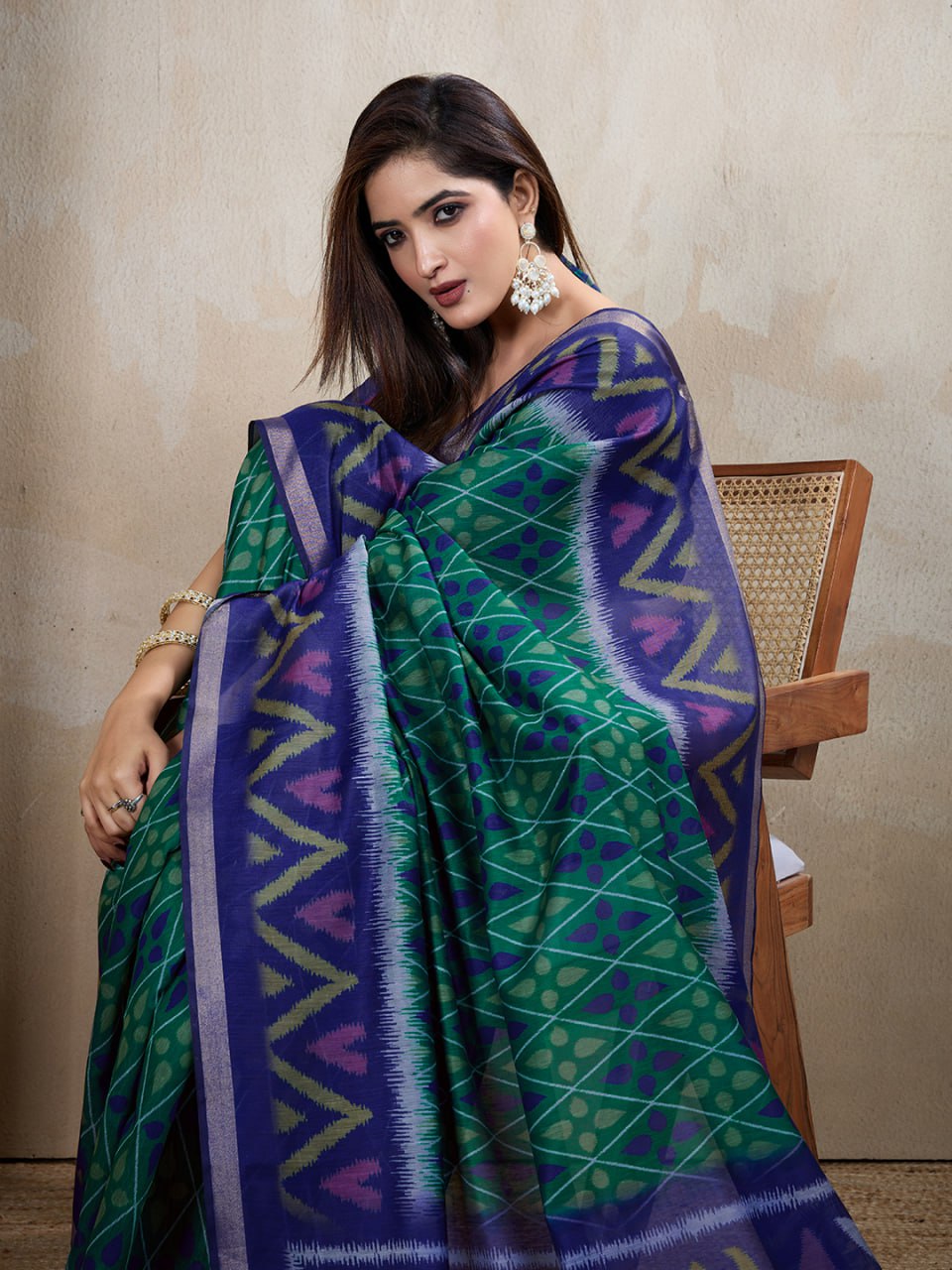 Festive Wear Blue & Green Ikat Printed Chanderi Saree for Weddings