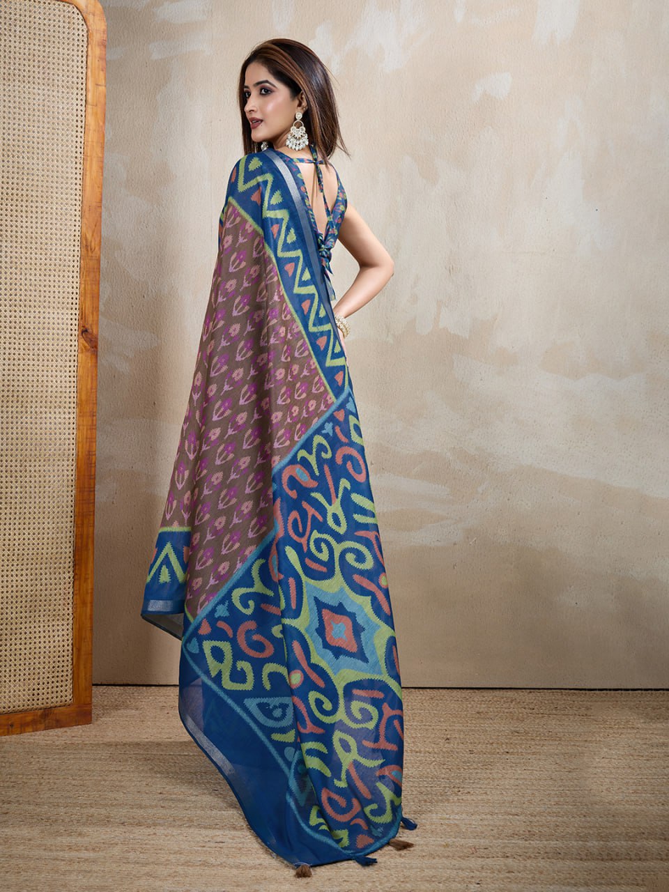 Traditional Brown Chanderi Saree with Blue Border & Ikat Print Design