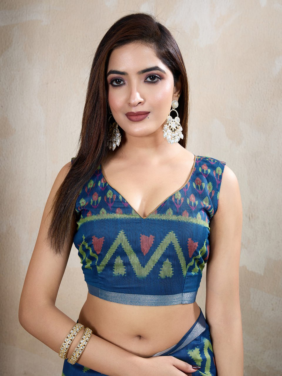 Traditional Brown Chanderi Saree with Blue Border & Ikat Print Design