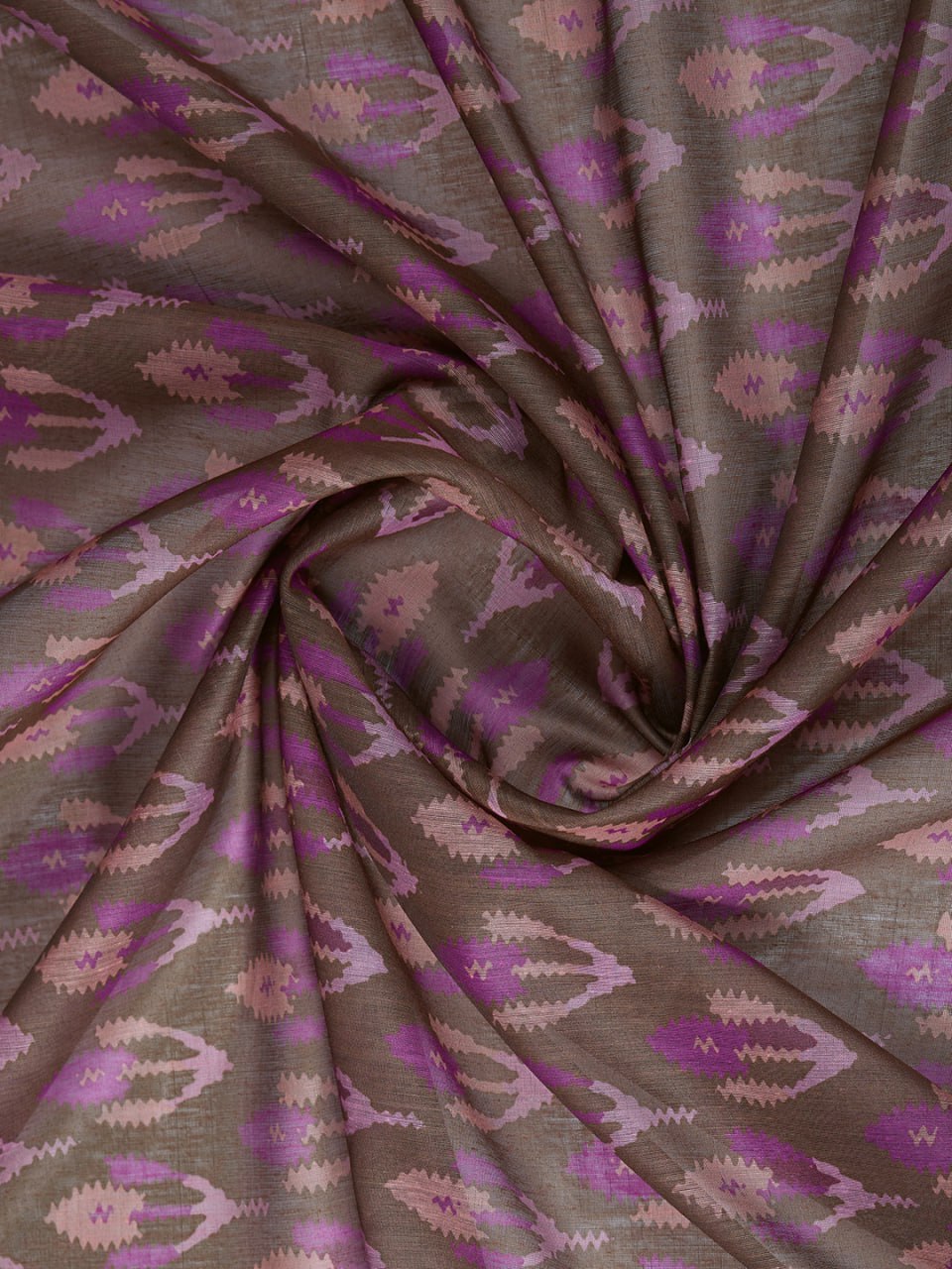 Traditional Brown Chanderi Saree with Blue Border & Ikat Print Design