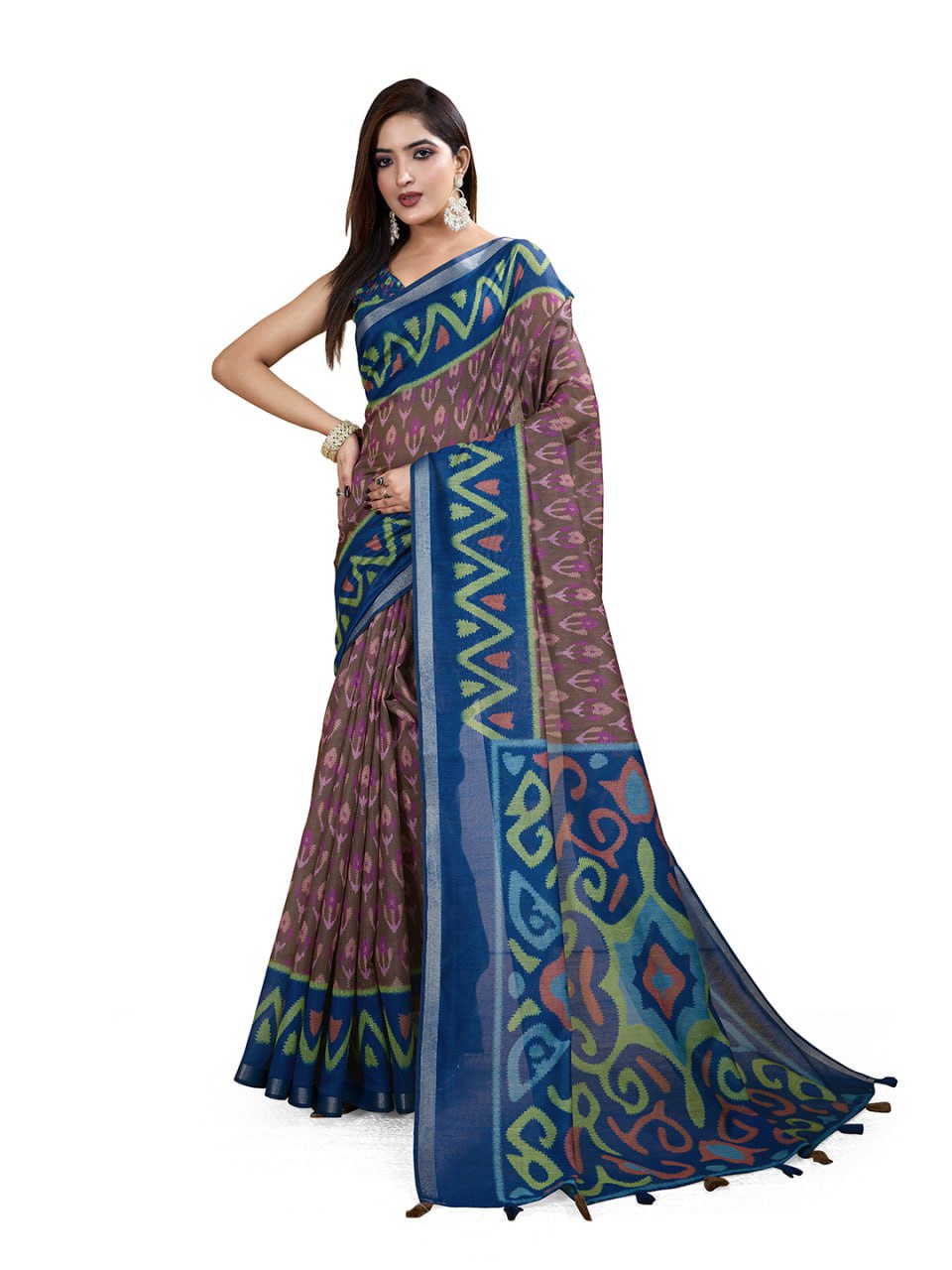 Traditional Brown Chanderi Saree with Blue Border & Ikat Print Design