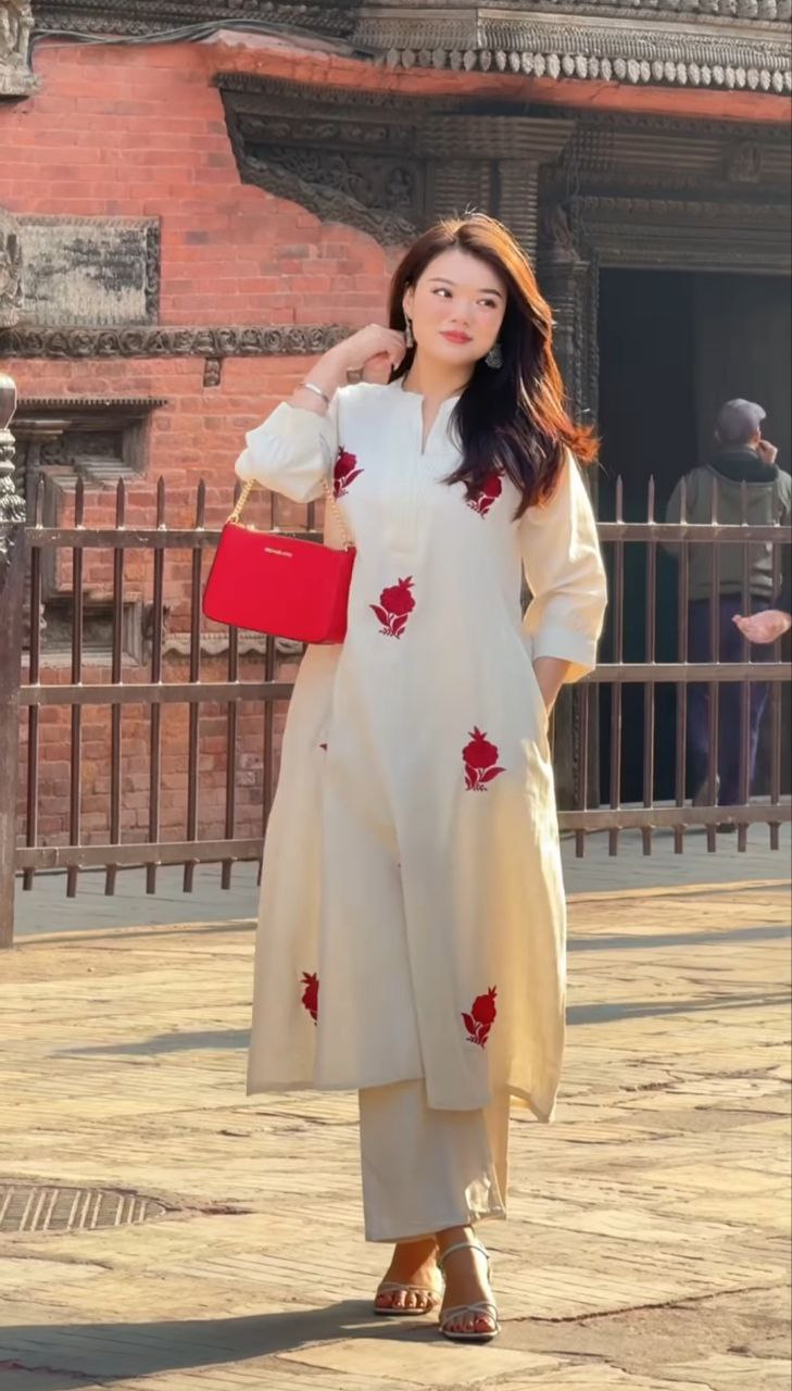 Charming Gulab: Embroidered Chanderi Top & Pant Suit Set