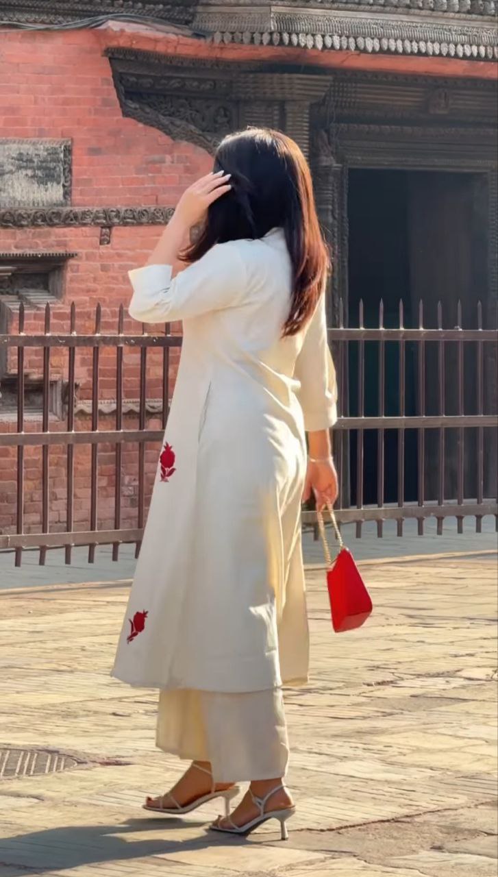 Charming Gulab: Embroidered Chanderi Top & Pant Suit Set