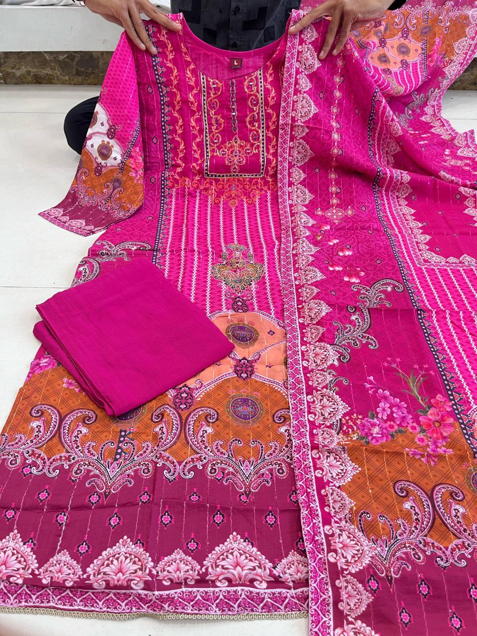 Enchanting Softy Muslin Elegance: Digital Print & Hand Embroidered Pakistani Suit