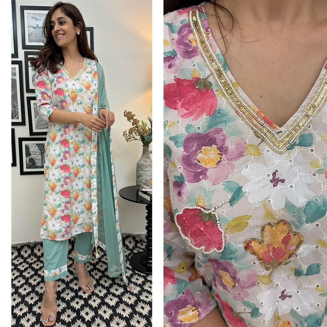 Heavy Suit Set with Intricate Hand Work β Matching Pant, Dupatta & Designer Hand Bracelet