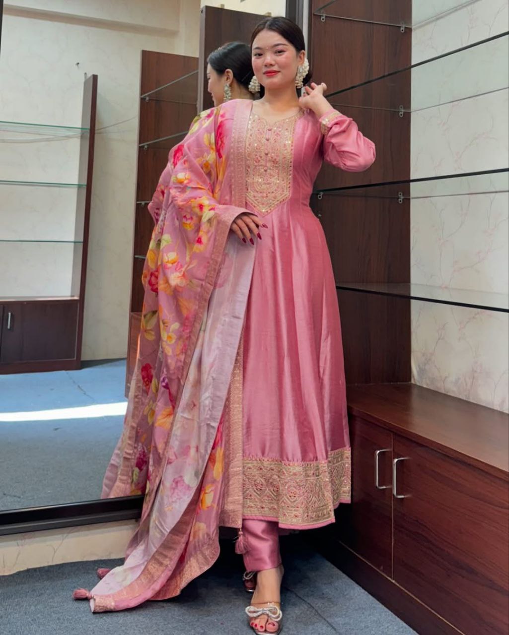 Royal Blossom: Anarkali Flared Silk Kurta Pant Dupatta Set