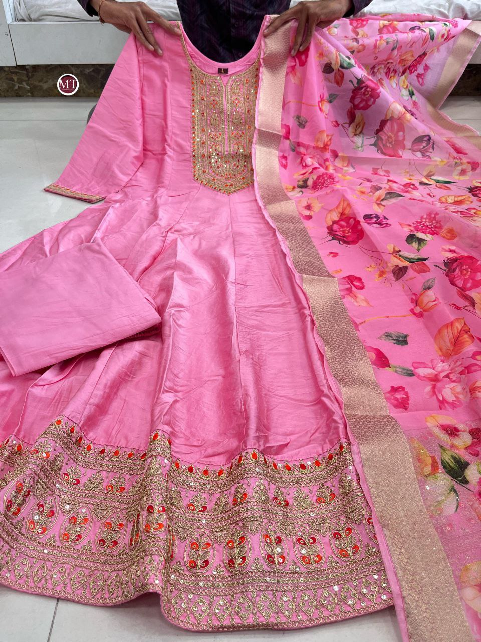 Royal Blossom: Anarkali Flared Silk Kurta Pant Dupatta Set
