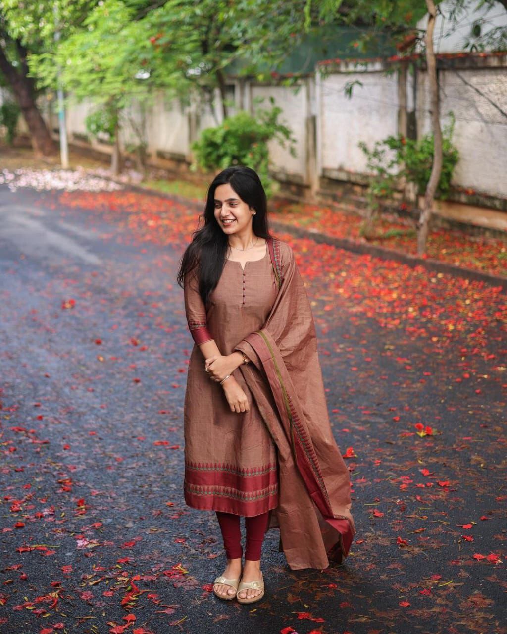 Heritage Elegance: Kanchi Cotton Suit Set with Handcrafted Zari & South Indian Prints