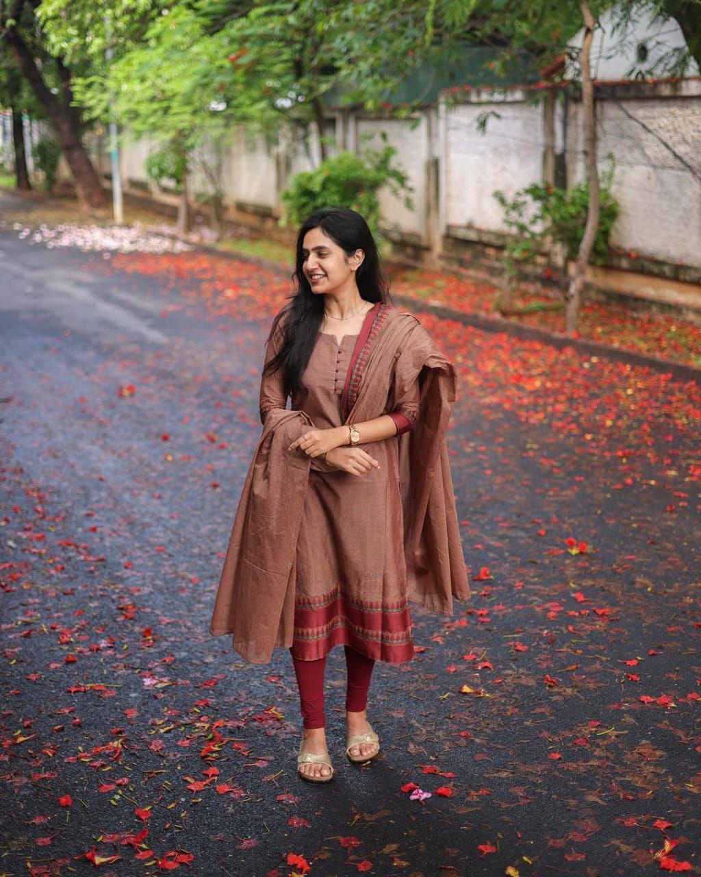 Heritage Elegance: Kanchi Cotton Suit Set with Handcrafted Zari & South Indian Prints