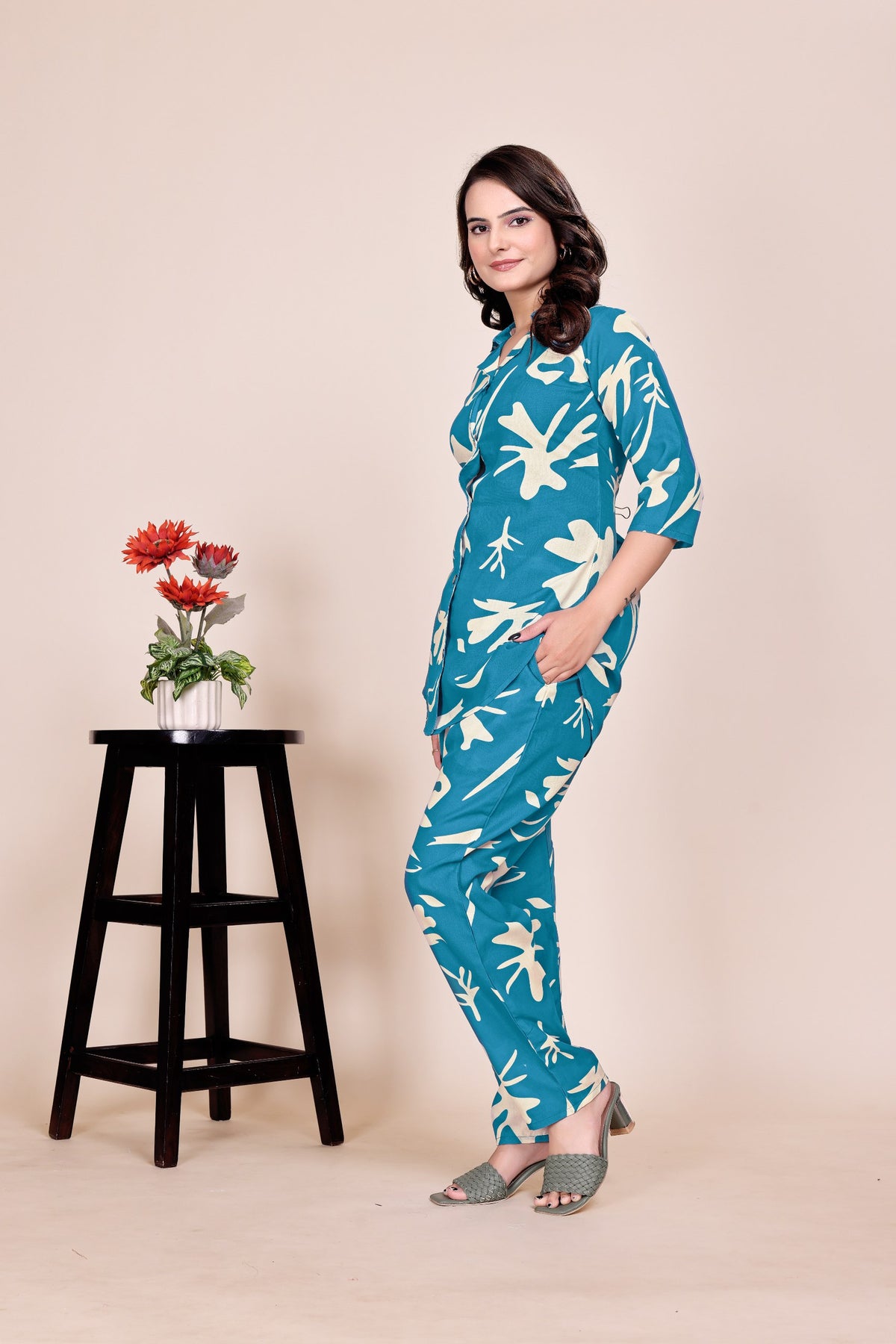 Heavy Poly Rayon Short Top & Pant Set with Designer Neckline