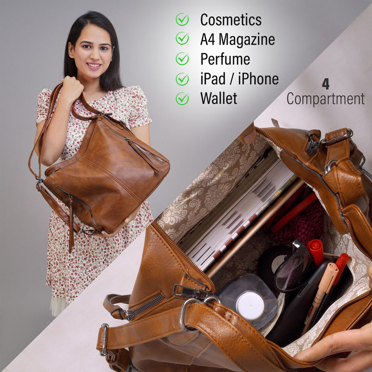 Set Of 3 Brown Light Weight Pu Leather Handbag Combo For Women