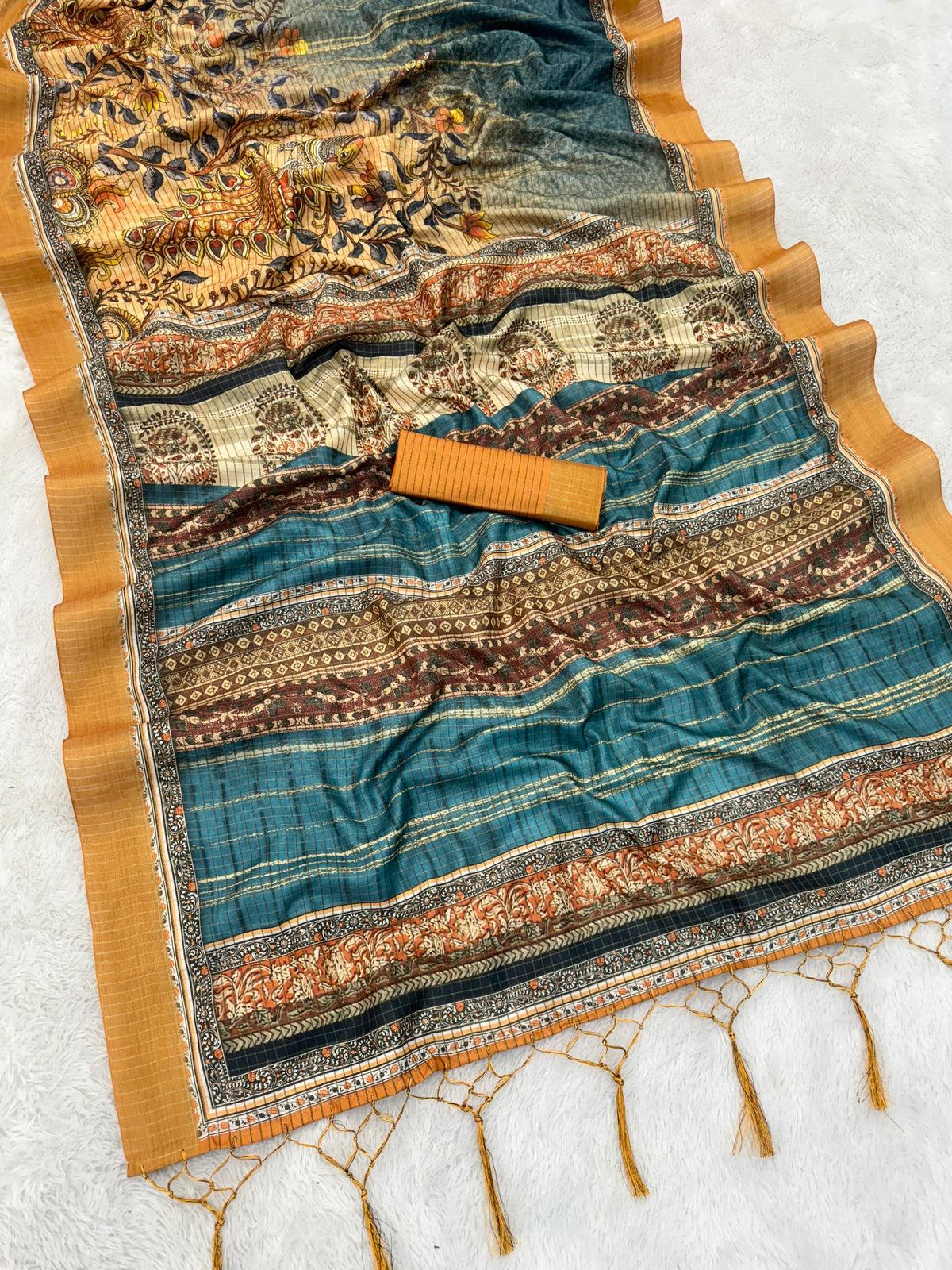 Premium Mysore Silk Saree with Pure Jari, Checks & Digital Print