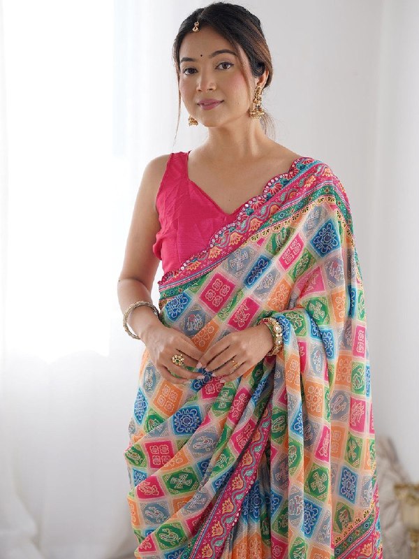 Vibrant Multicolor Georgette Saree with Mirror Work & Arco Border
