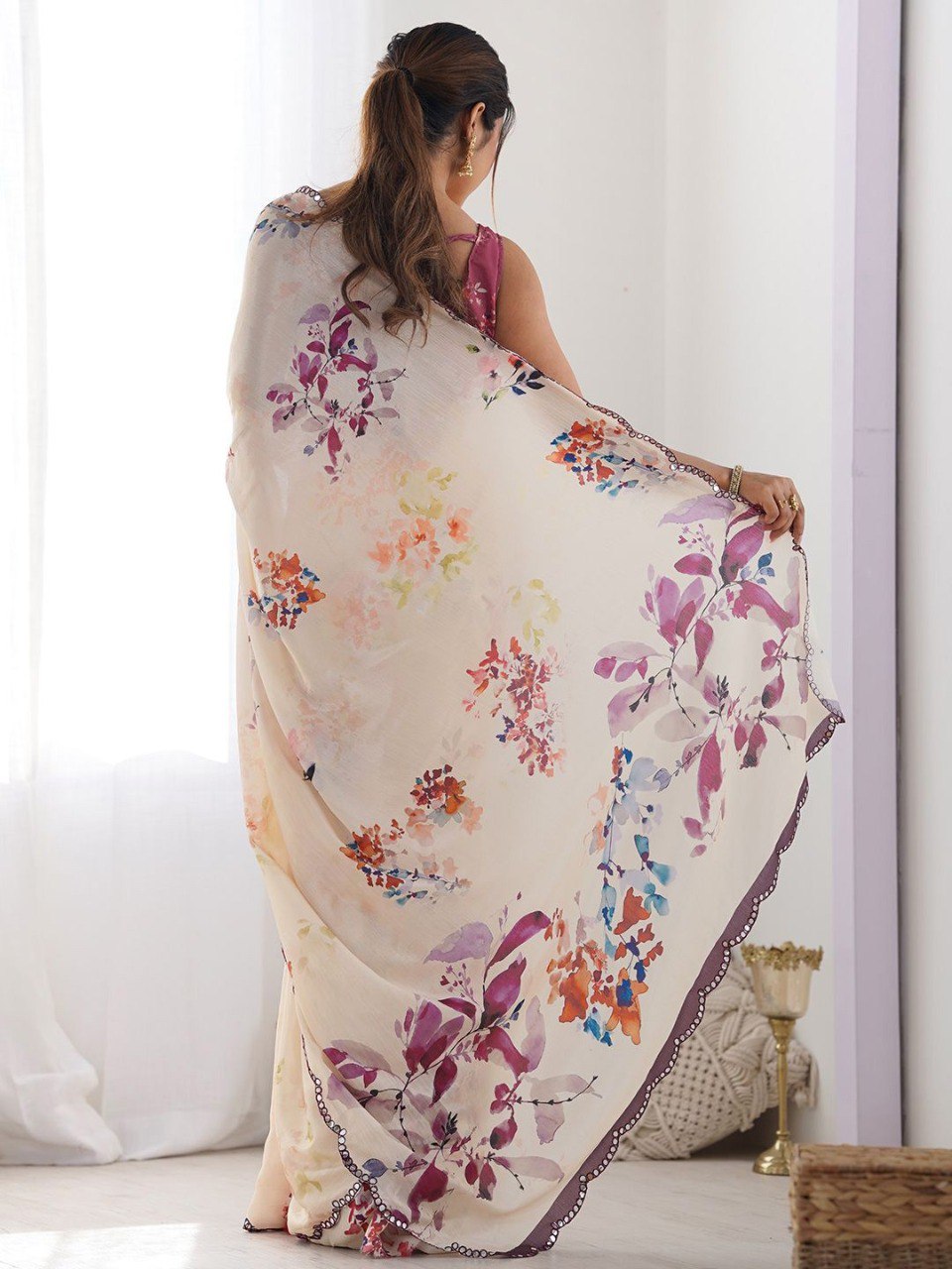 Soft Georgette Floral Digital Print Saree with Mirror Work & Arco Border
