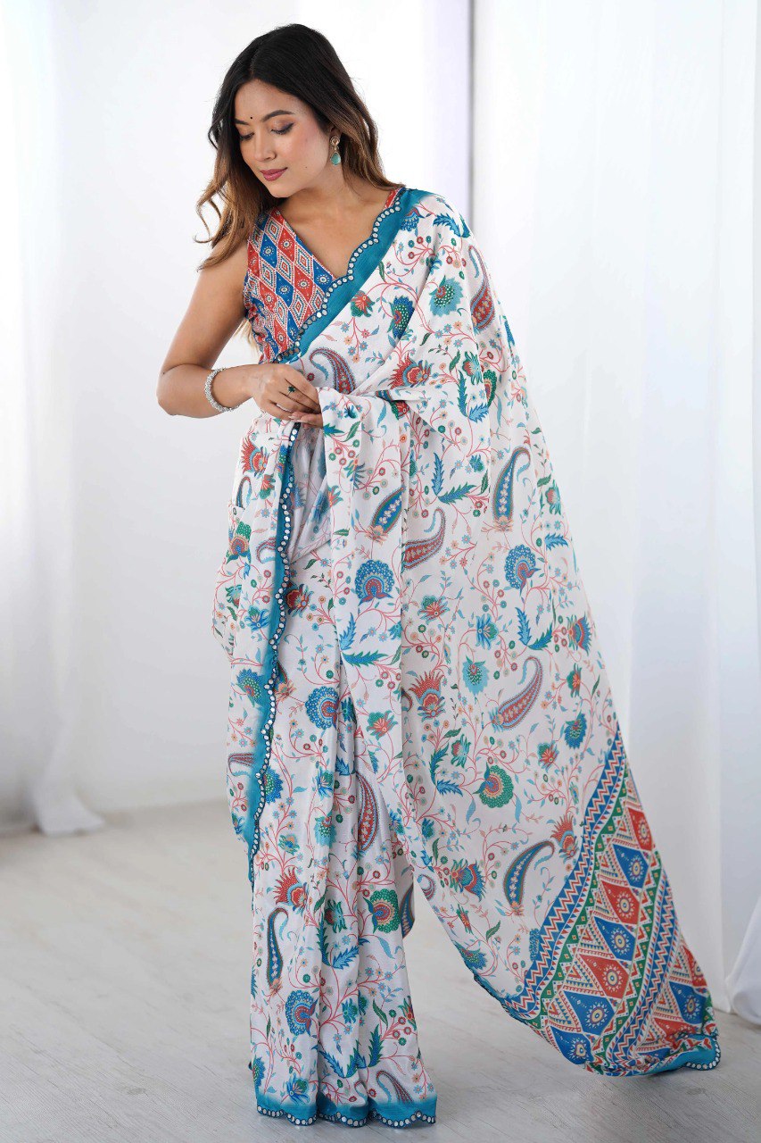 Soft Georgette Digital Print Saree with Mirror Work Border