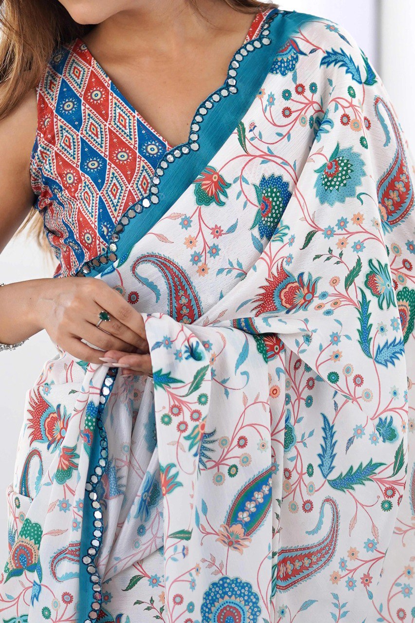 Soft Georgette Digital Print Saree with Mirror Work Border