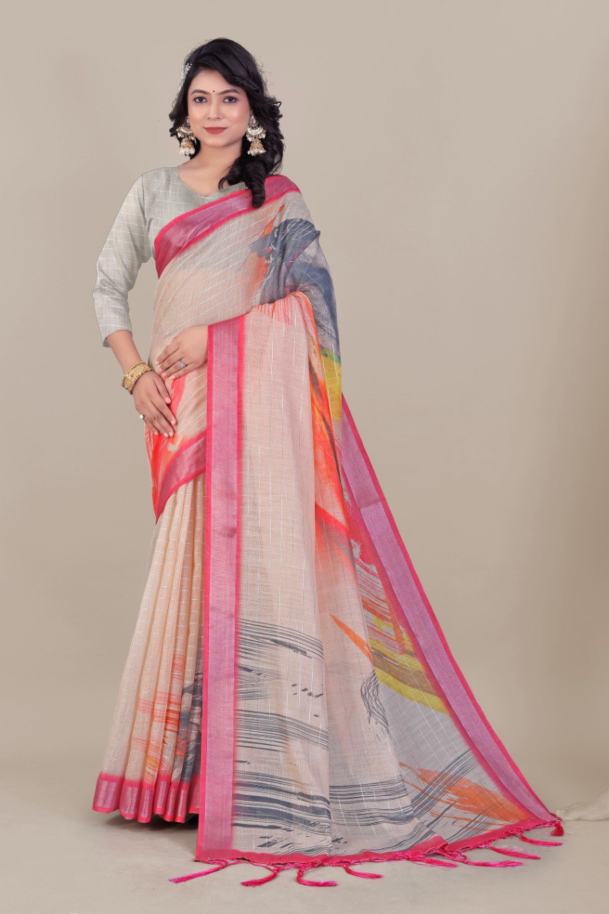 Pure Linen Cotton Saree with Silver Jari Border & Digital Print