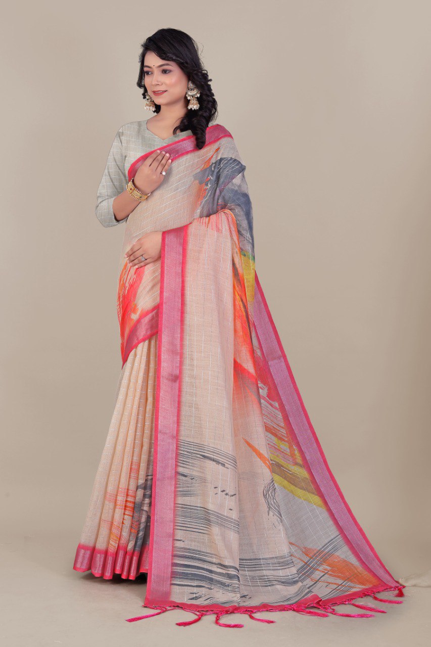 Pure Linen Cotton Saree with Silver Jari Border & Digital Print