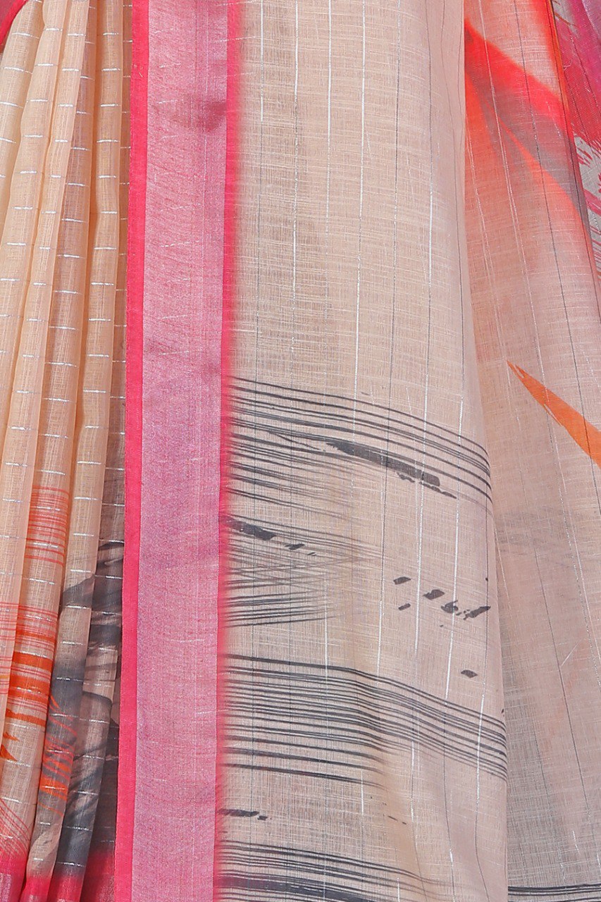 Pure Linen Cotton Saree with Silver Jari Border & Digital Print