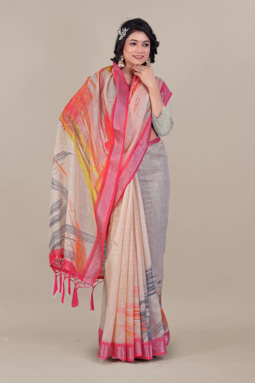 Pure Linen Cotton Saree with Silver Jari Border & Digital Print