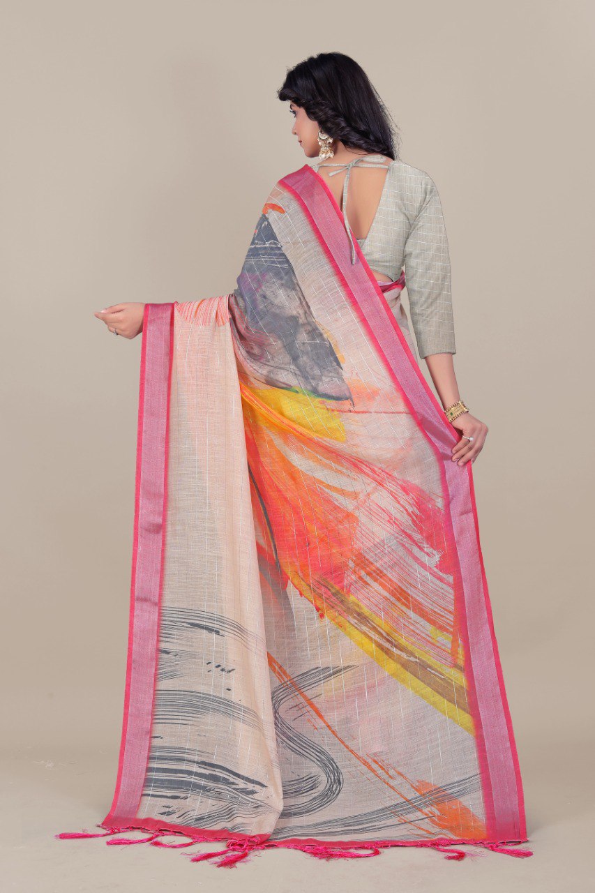 Pure Linen Cotton Saree with Silver Jari Border & Digital Print