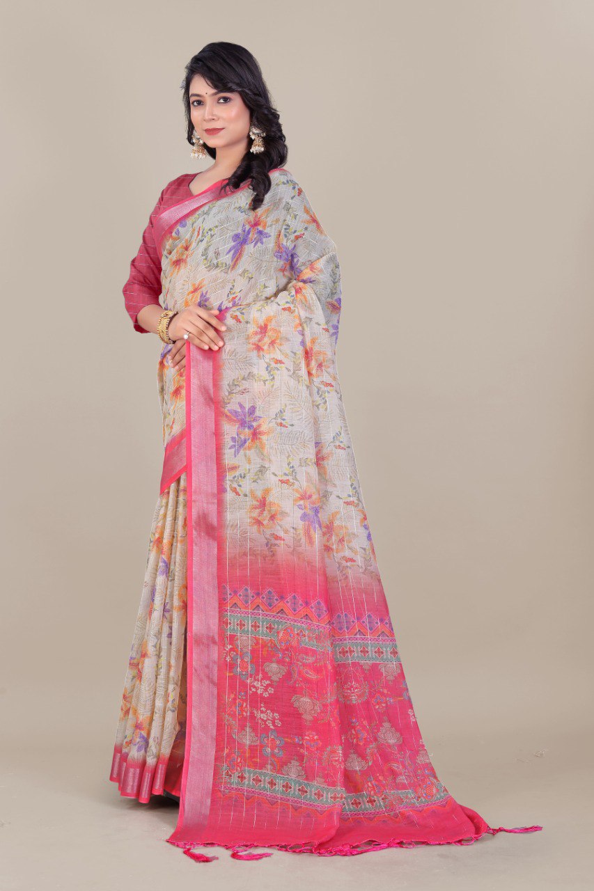 Pure Linen Cotton Saree with Silver Jari & Digital Print