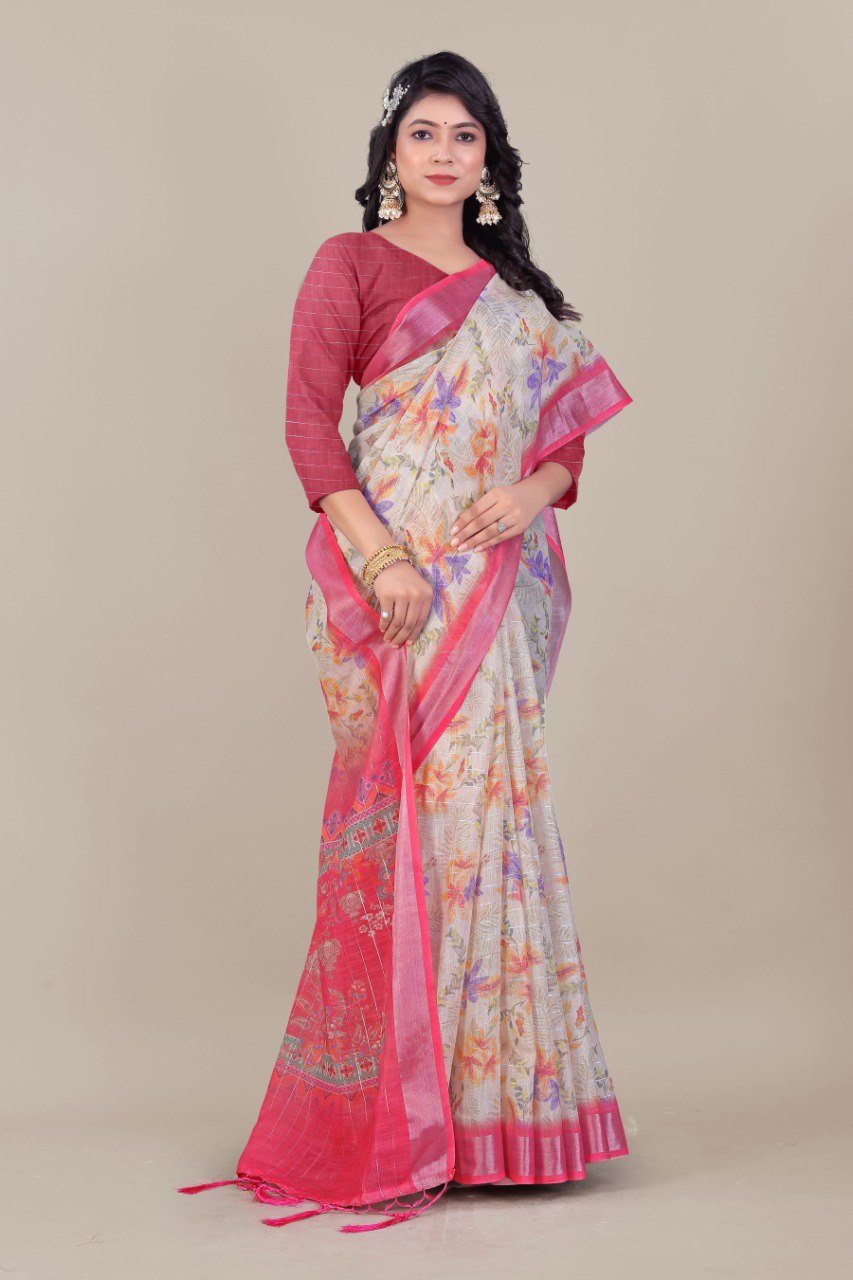 Pure Linen Cotton Saree with Silver Jari & Digital Print