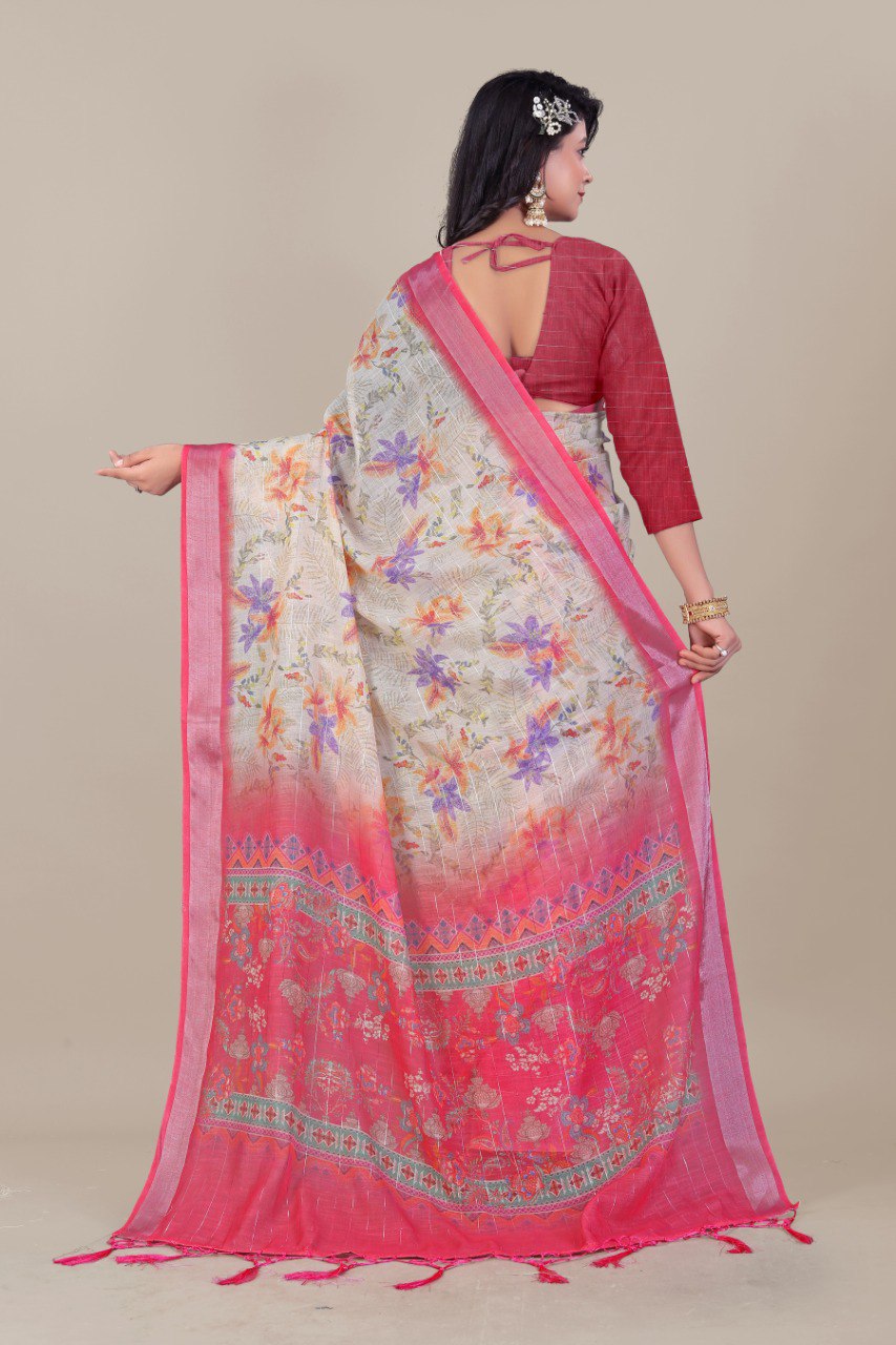 Pure Linen Cotton Saree with Silver Jari & Digital Print