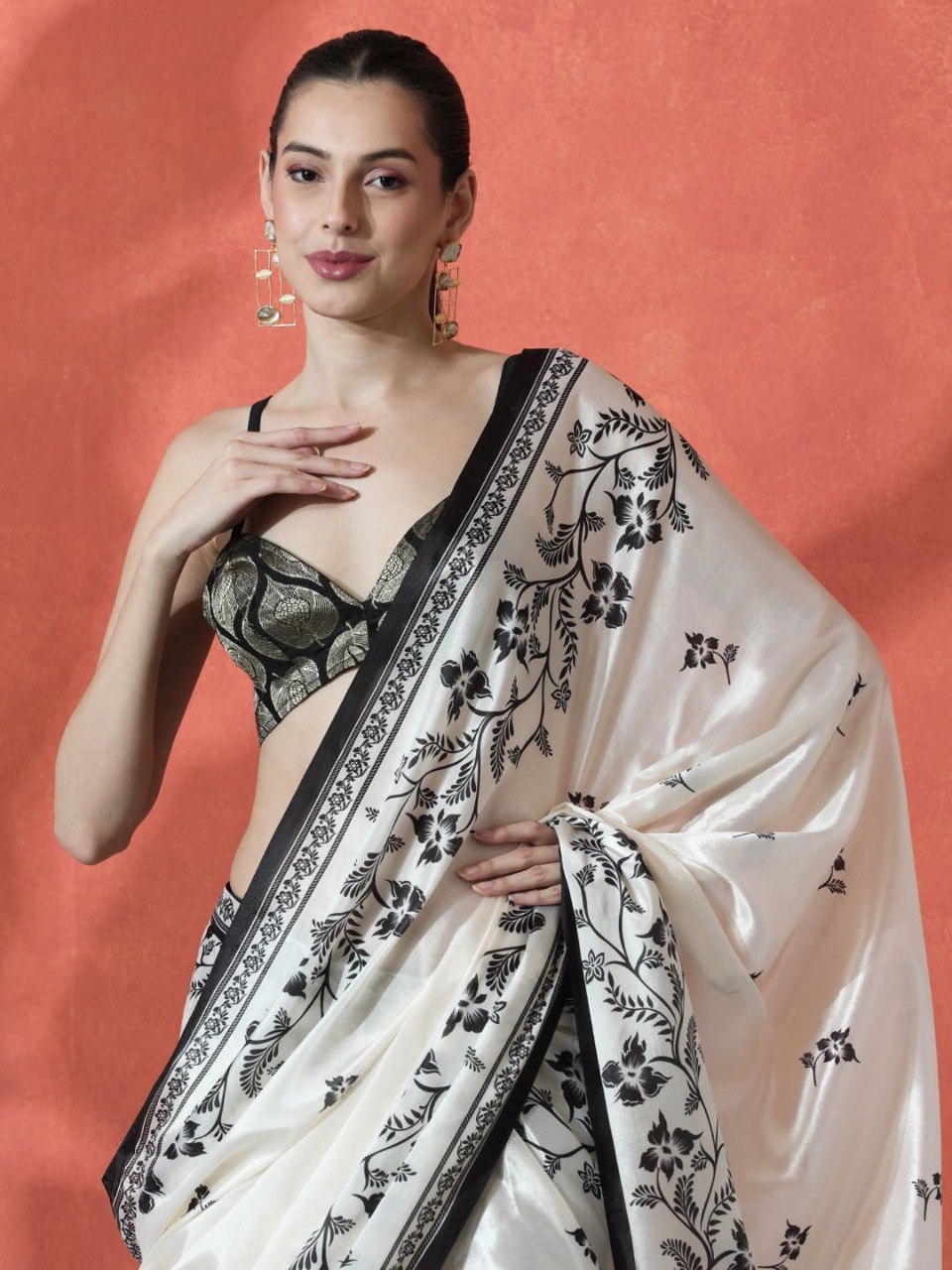 Ivory Black Gajri Silk Saree with Digital Print & Handmade Zalar
