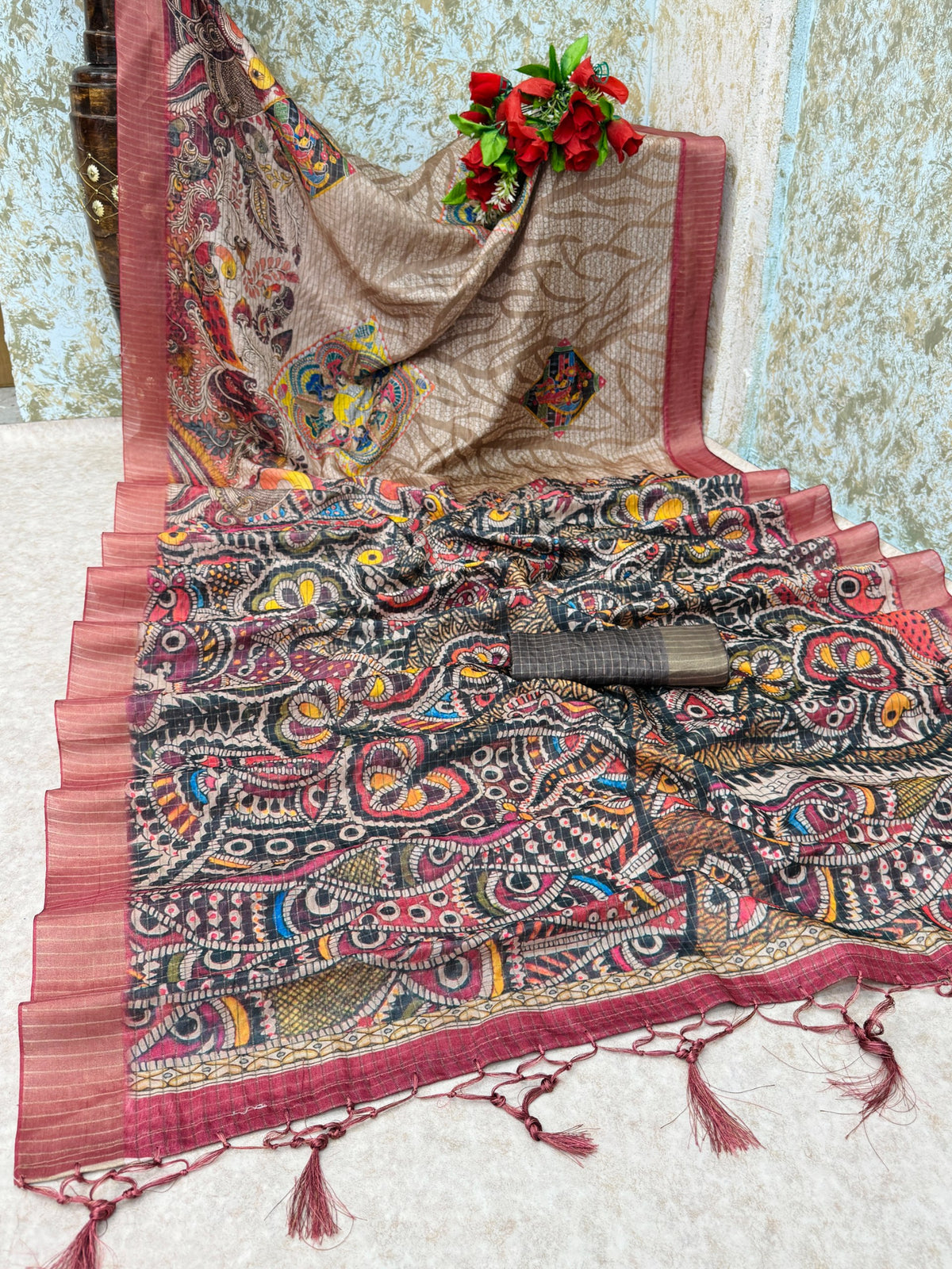 ✨ Elegant Mysore Silk Saree with Pure Jari, Small Checks & Designer Digital Print