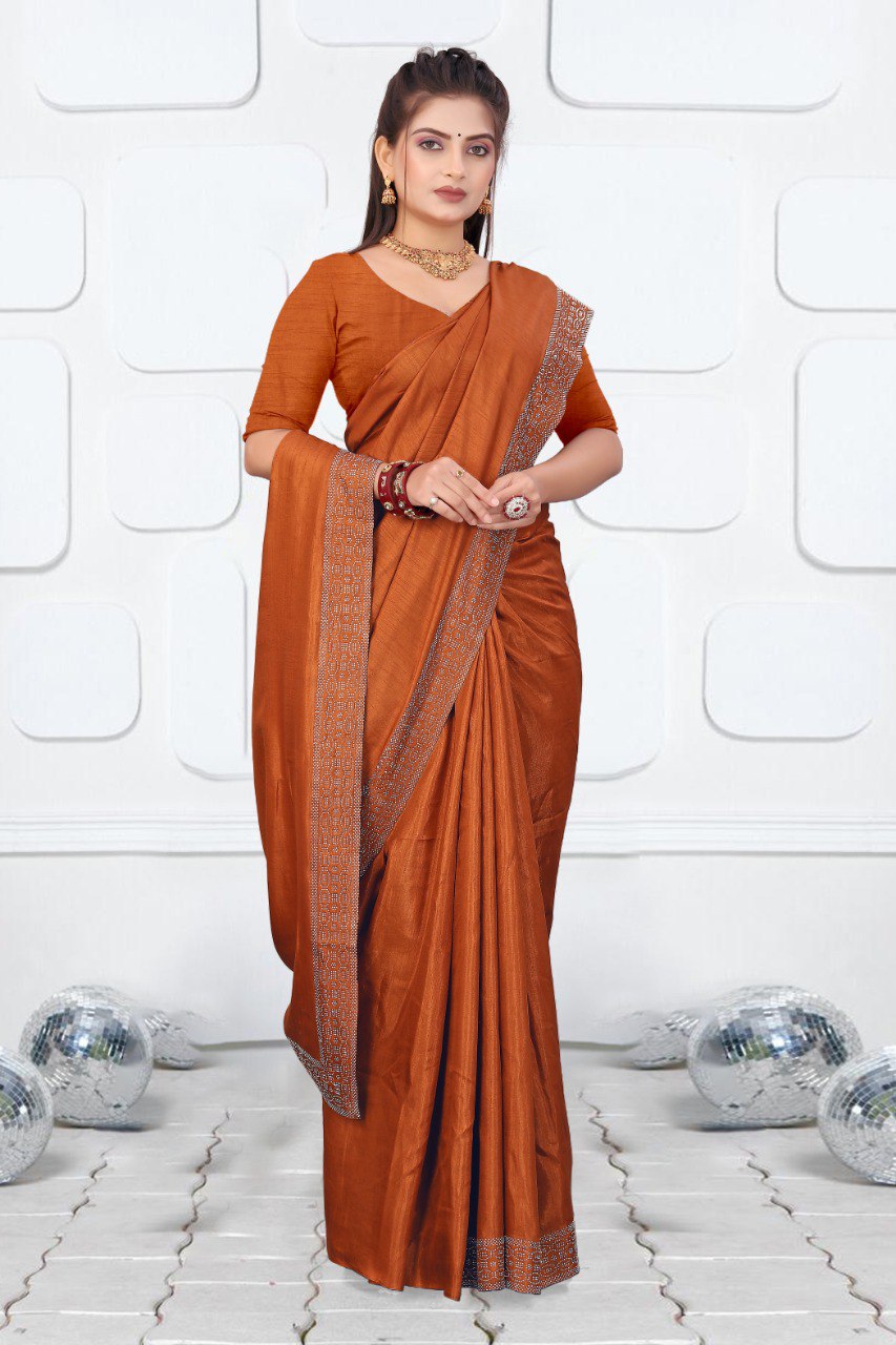 Elegant Dola Silk Saree in Deep Brown with Siroski Work Border