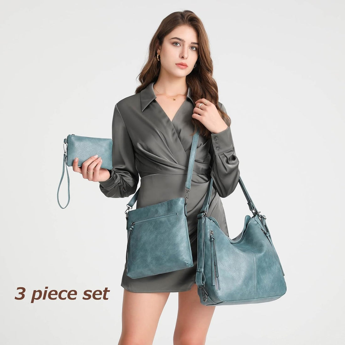 Set Of 3 Blue Light Weight Pu Leather Handbag Combo For Women