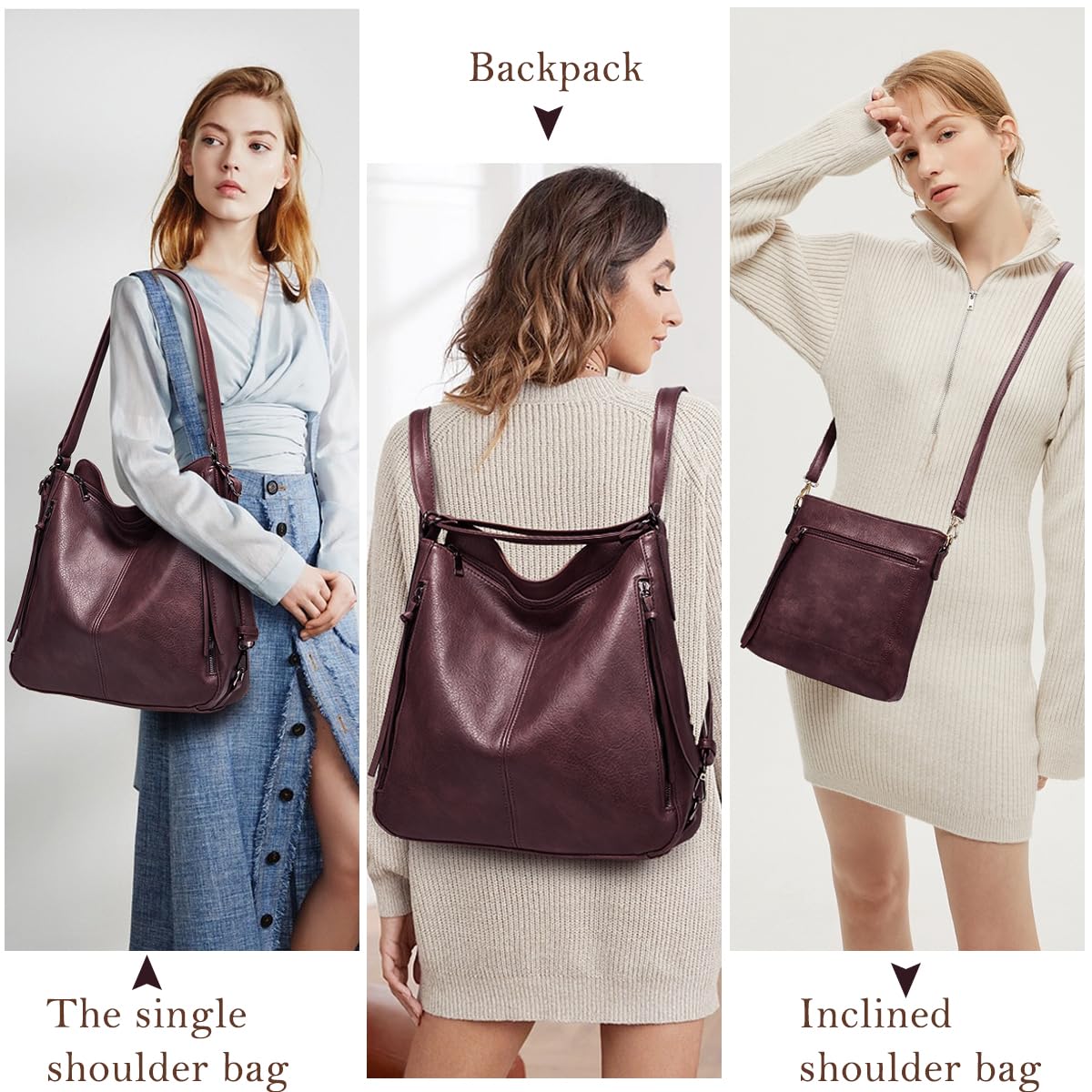 Set Of 3 Wine Light Weight Pu Leather Handbag Combo For Women