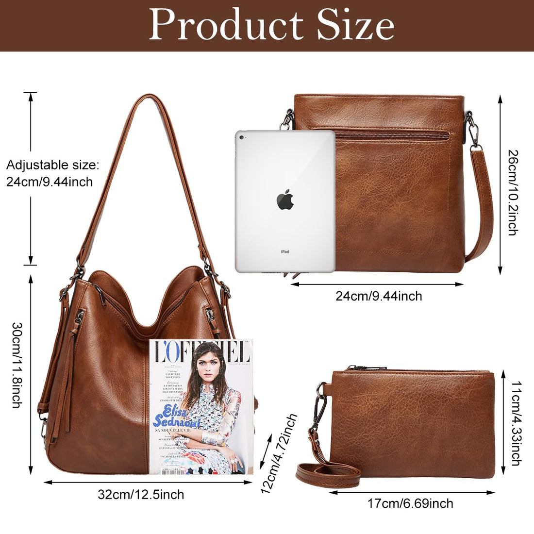 Set Of 3 Brown Light Weight Pu Leather Handbag Combo For Women