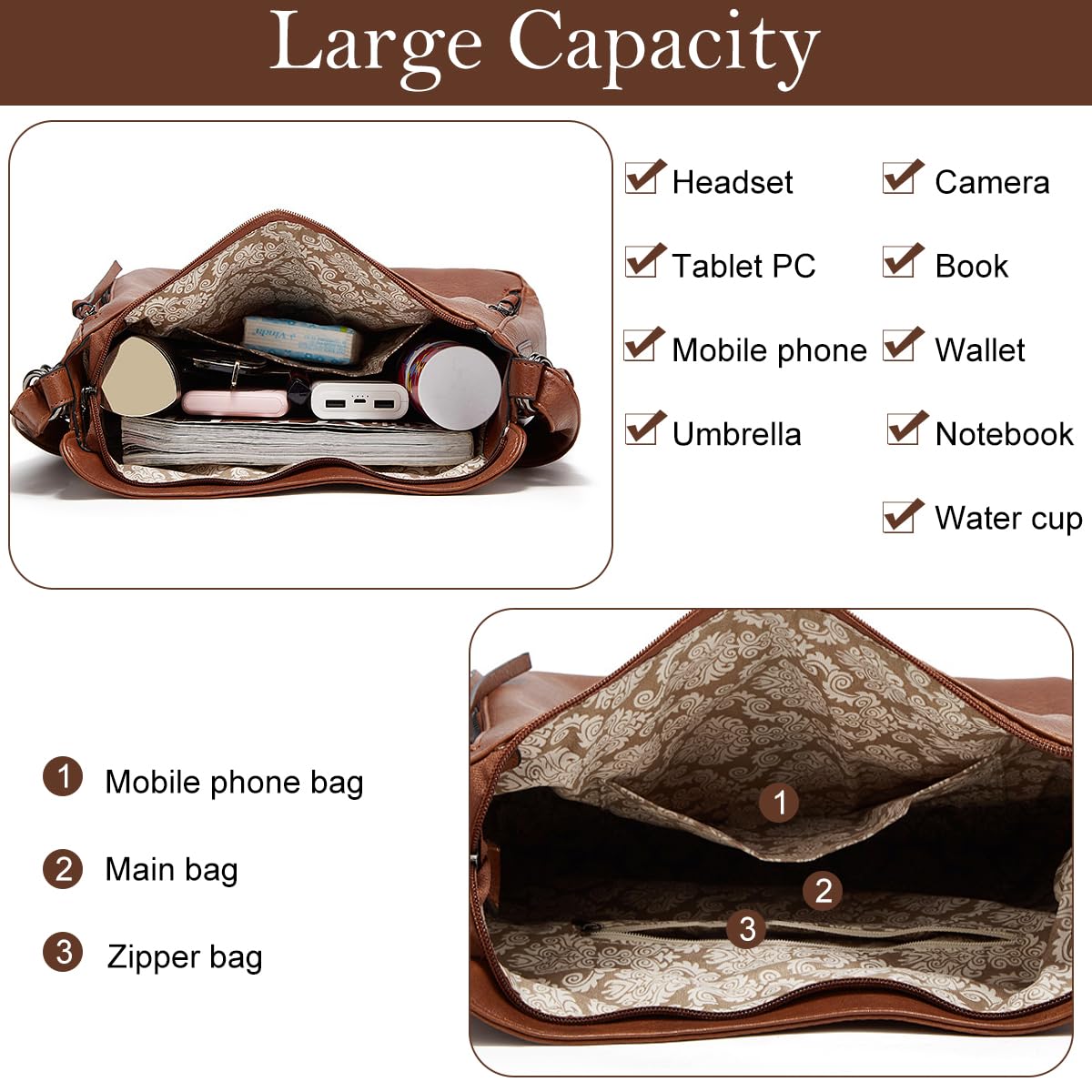 Set Of 3 Brown Light Weight Pu Leather Handbag Combo For Women