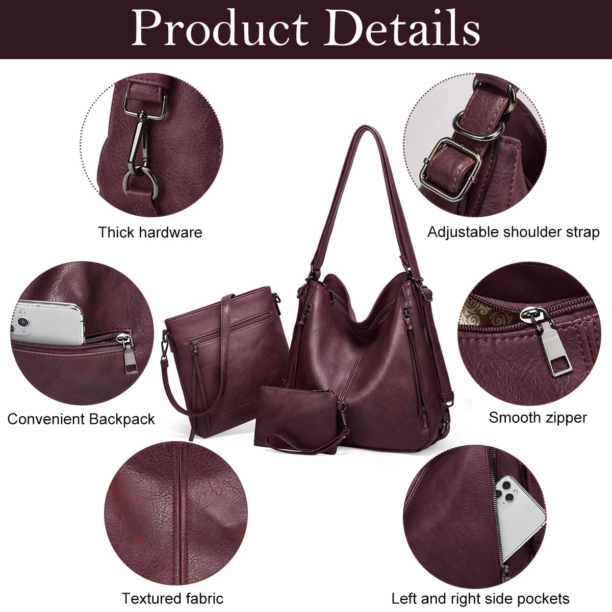 Set Of 3 Wine Light Weight Pu Leather Handbag Combo For Women