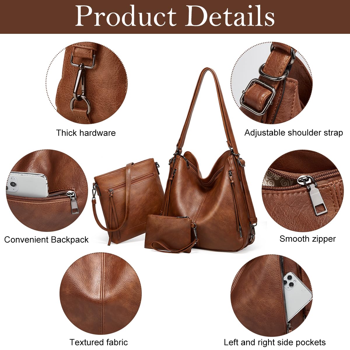 Set Of 3 Brown Light Weight Pu Leather Handbag Combo For Women