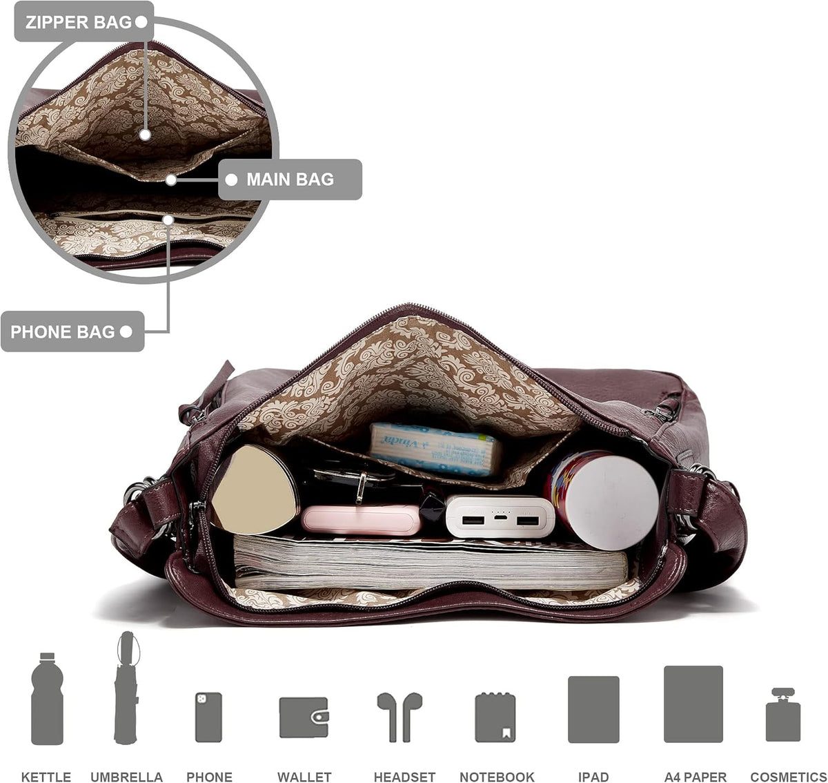 Set Of 3 Wine Light Weight Pu Leather Handbag Combo For Women