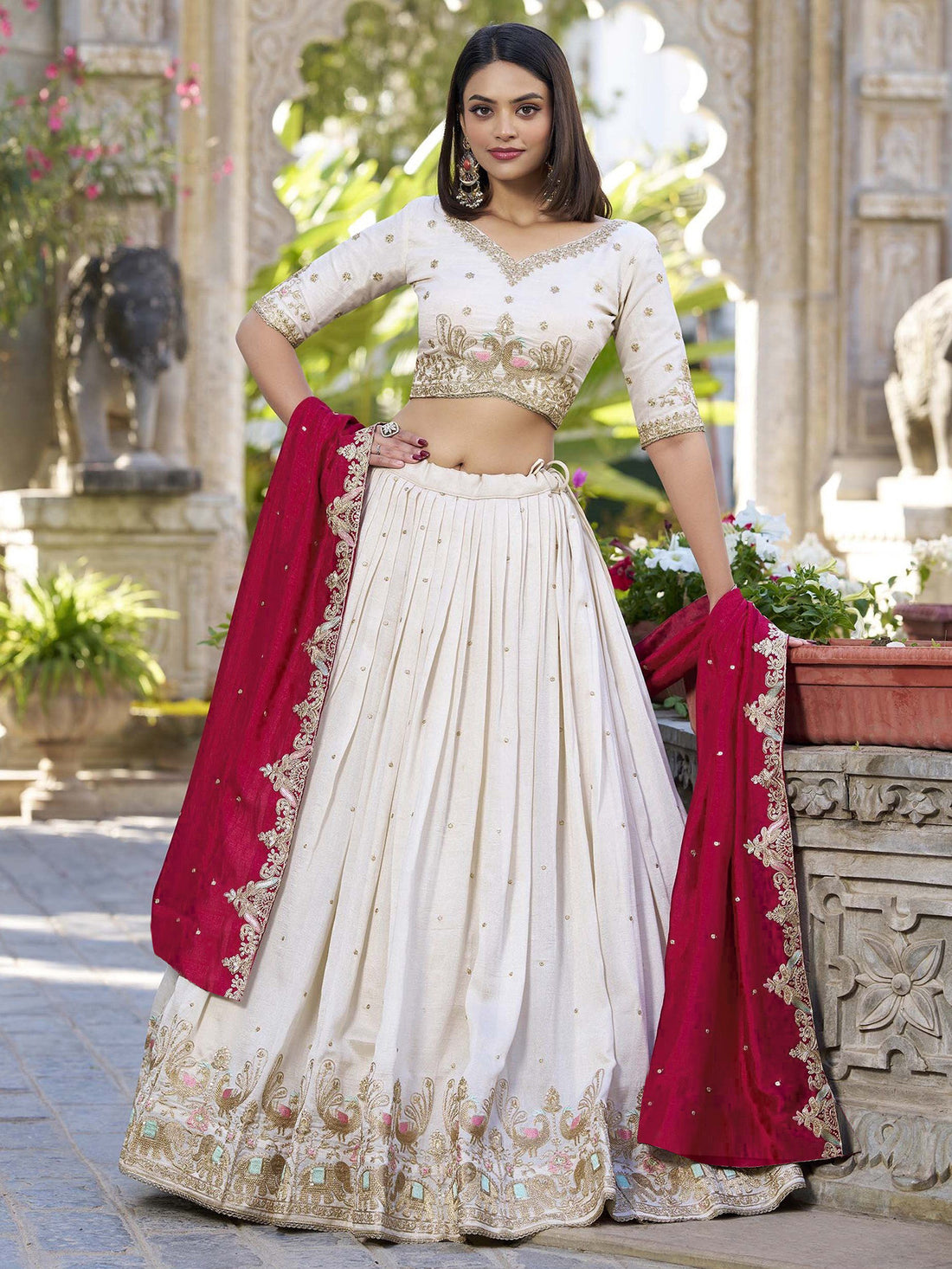 Elegant Chinon Lehenga Set with Embroidered Zari Work & Sequins Dupatta