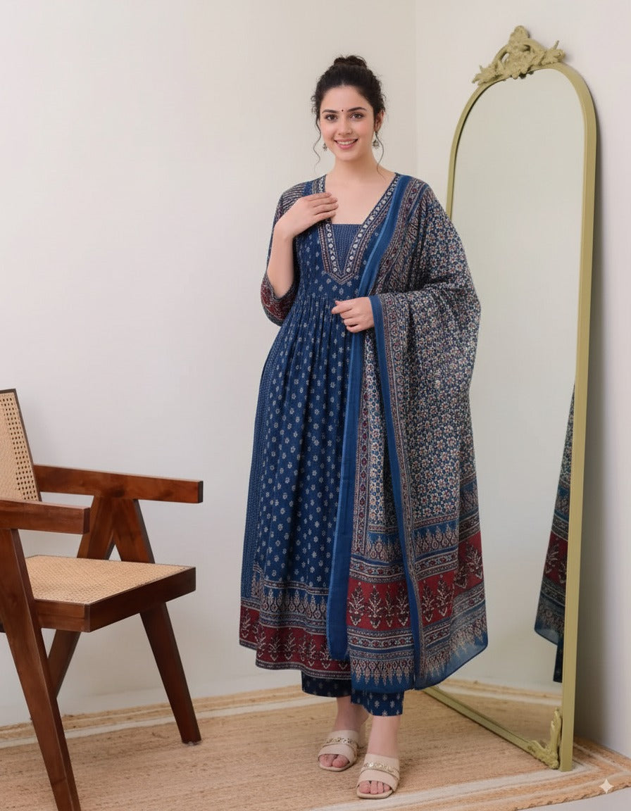 Elegant Blue: MAL Cotton Kurta Plazo with Handwork Neck & Dupatta Set