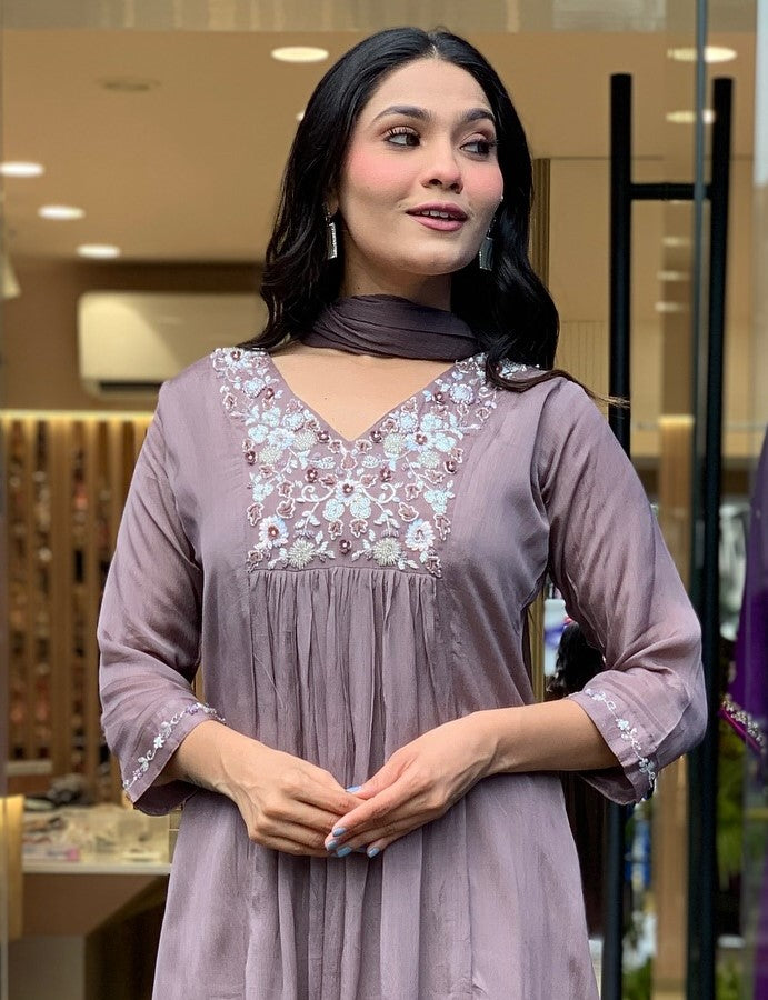 Chinon Embroidered Kurta Pant Dupatta Set