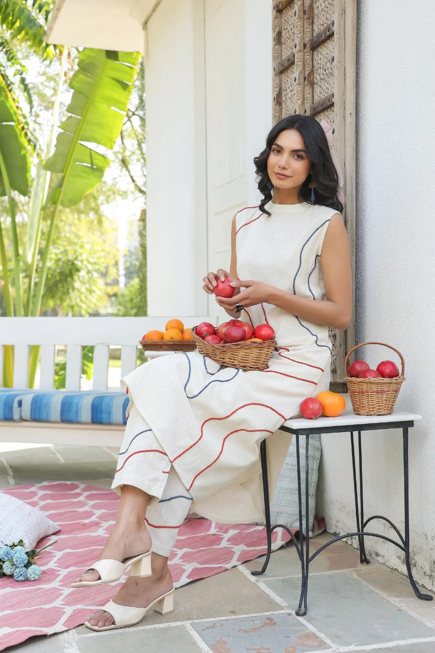 Pure Khadi Sleeveless Suit Set with Contrast Embroidery Work – Top & Bottom