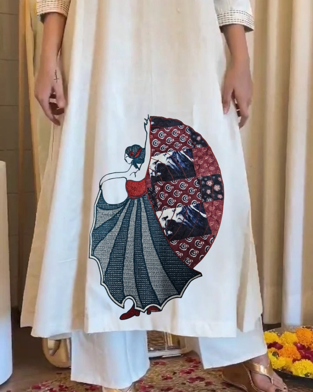 Pure Khadi Linen Straight-Cut Kurta with Lady Motif & Neck/Sleeve Embroidery – Stitched Pant Set