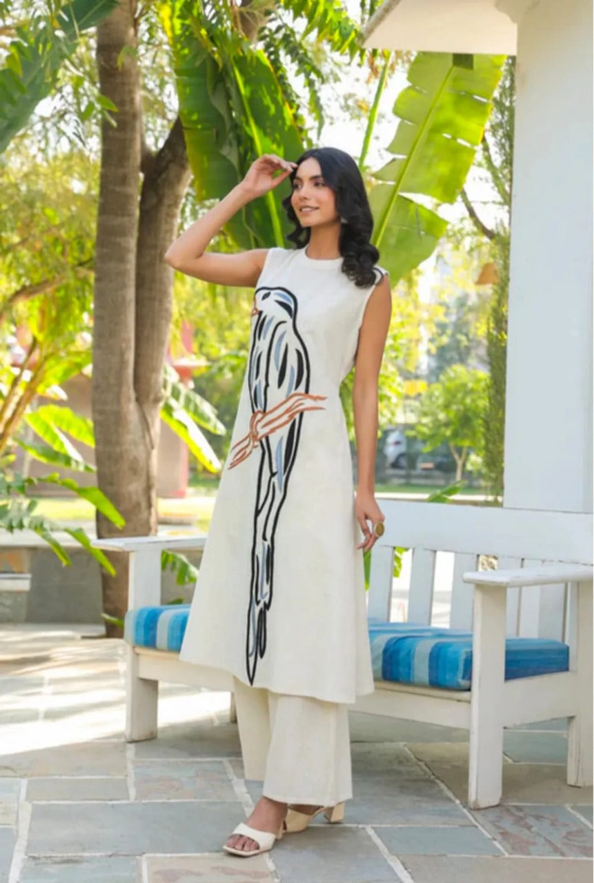 Khadi Silk Set with Peacock Embroidery – Top & Matching Pan