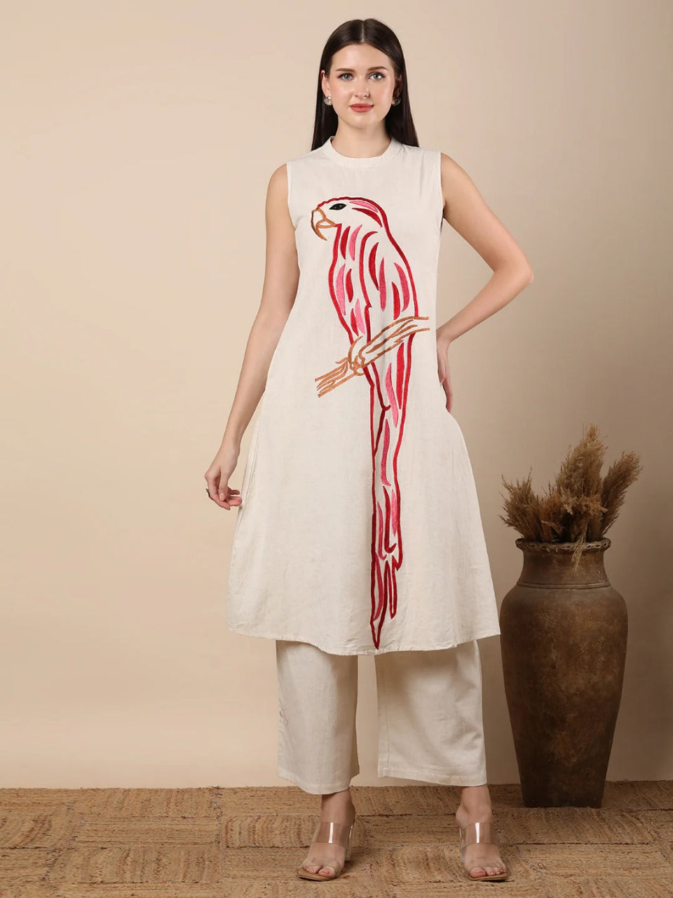 Khadi Silk Ensemble with Peacock Motif Embroidery – Top & Matching Pant