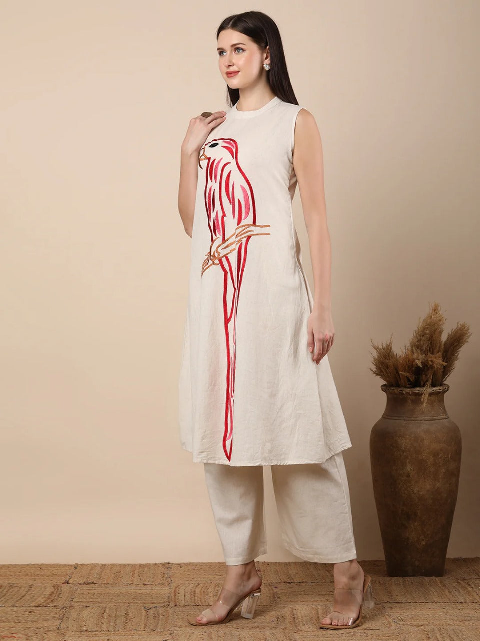 Khadi Silk Ensemble with Peacock Motif Embroidery – Top & Matching Pant